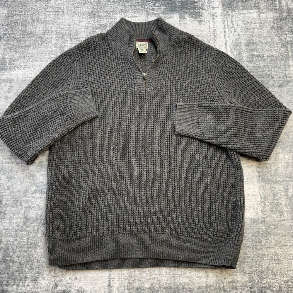 LL Bean Sweater Mens Large Tall Gray Organic Cotton Waffle Knit 1/4 Zip Pullover